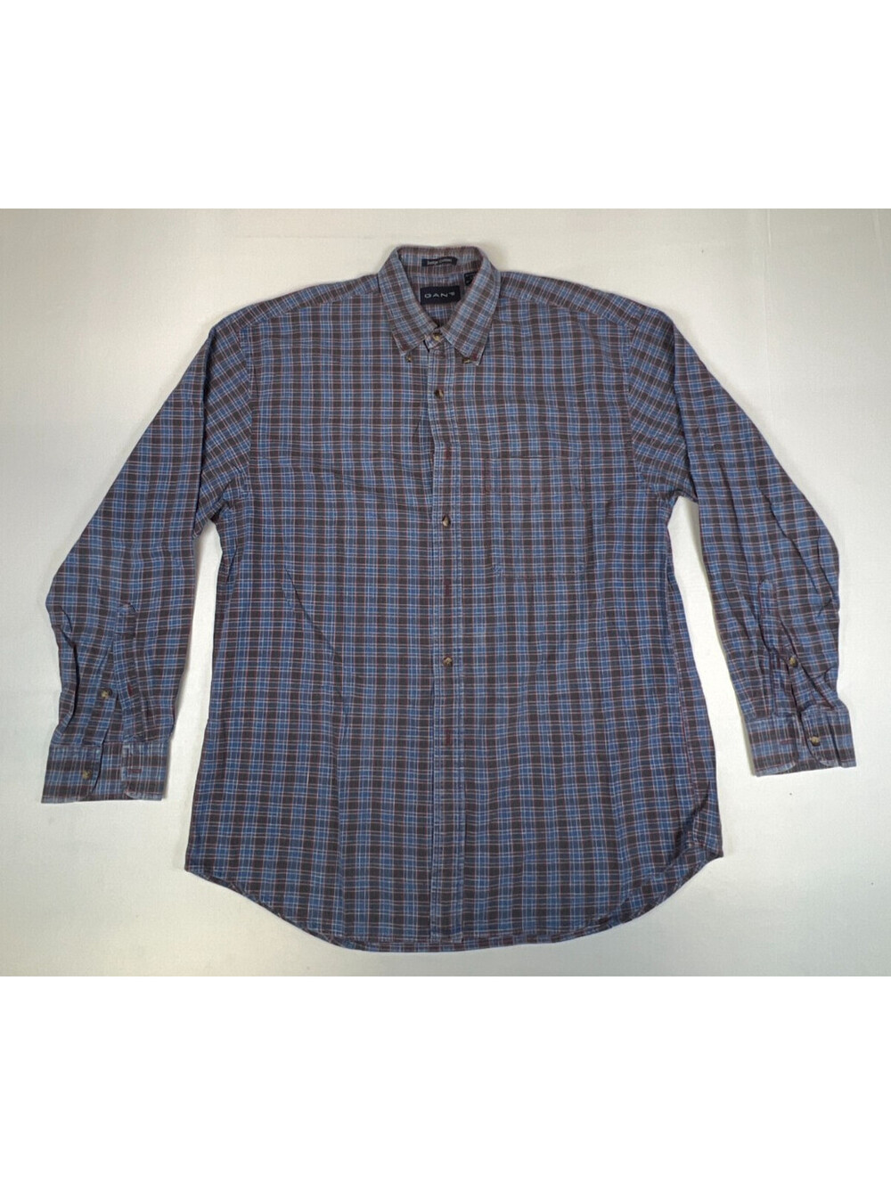 Gant Men L Blue Plaid Check Indigo Cotton Long Sleeve Button Down Shirt